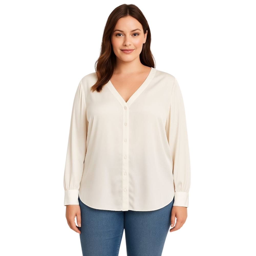 Ann Taylor Ivory Button Front Blouse Women’s XL Long Sleeve Satin Look Top